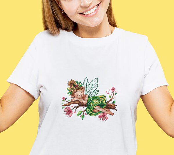 Fairy cross stitch design stitched on T-shirt