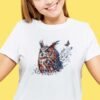 White t‑shirt with mystical owl embroidery‑style print featuring branches and butterfly, artistic wildlife design