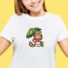 White t‑shirt with watermelon owl print, playful tropical bird design