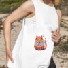Woman using tote bag eco-friendly product outdoor shoot Romantic cat cross stitch design displayed on tote bag