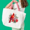 Woman with white tote bag Floral cardinal cross stitch design stitched on Tote bag