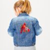 Girl's blue denim jacket in studio Floral cardinal cross stitch design stitched on denim jacket