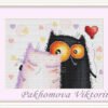 Framed cross stitch artwork featuring two cats in love with bright hearts and soft expressive shading