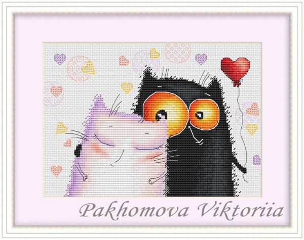 Framed cross stitch artwork featuring two cats in love with bright hearts and soft expressive shading