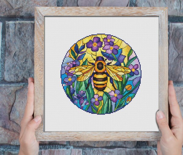 Stained glass bee cross stitch pattern framed wall art
