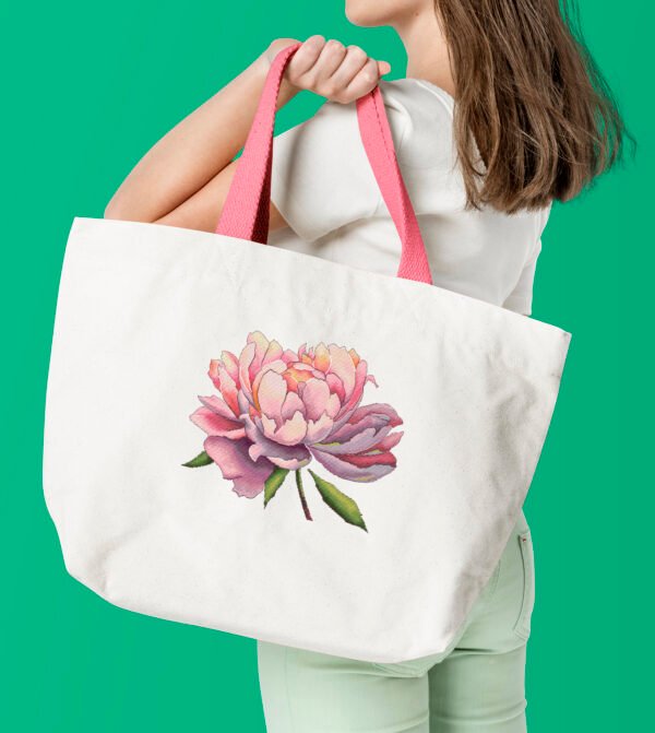 Peony flower cross stitch pattern on tote bag mock up