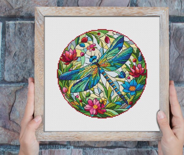 Stained glass dragonfly cross stitch pattern framed wall art Stained glass dragonfly cross stitch pattern framed wall art