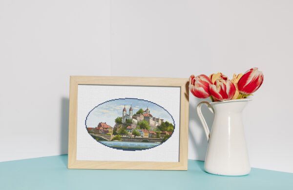 Switzerland Cross Stitch Pattern – European Castle Landscape Embroidery, Scenic Mountain View, PDF Digital Download