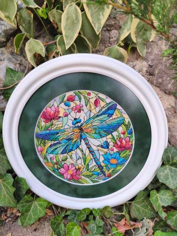 523492990_692000083883611_6855413239445108109_n Stained glass dragonfly cross stitch pattern finished embroidery