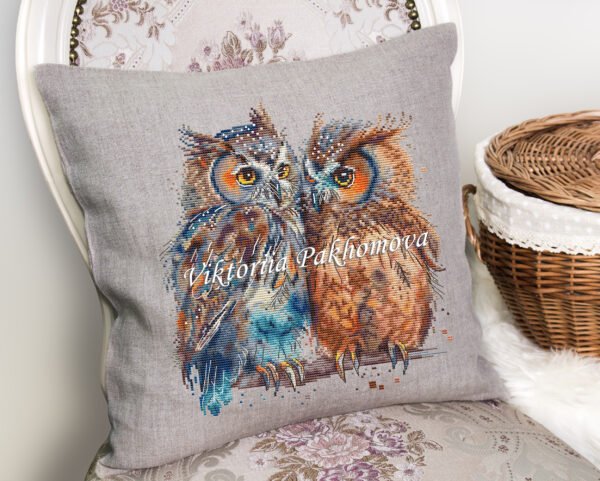 Decorative pillow with two loving owls cross stitch design, romantic bird couple embroidery by Viktoriia Pakhomova