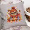 56 Autumn owl cross stitch design displayed on decorative pillow
