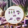 56 Lavender sampler cross stitch pattern in embroidery hoop with purple and violet floral motifs