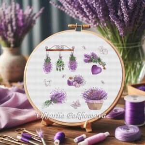 Lavender sampler cross stitch pattern in embroidery hoop with purple and violet floral motifs