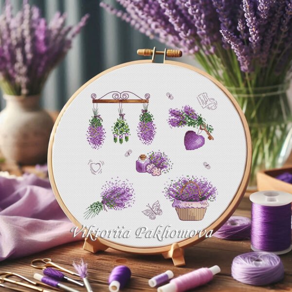 56 Lavender sampler cross stitch pattern in embroidery hoop with purple and violet floral motifs