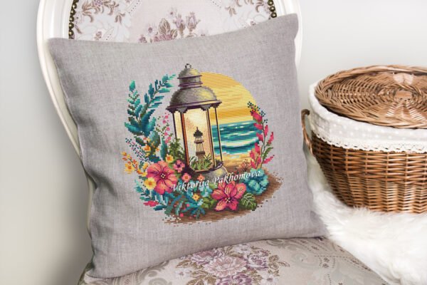 tropical lantern cross stitch design on pillow case