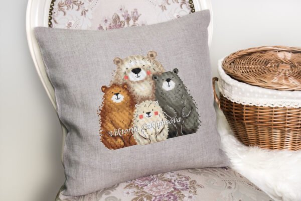 cute bears family cross stitch design on pillow case