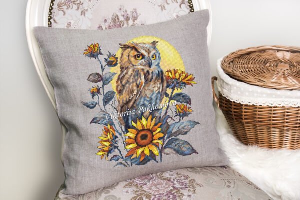 Decorative pillow with tawny owl and sunflower cross stitch design, cozy autumn home decor embroidery