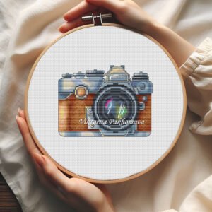 57 classic vintage camera cross stitch design in a hoop