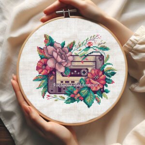 cassette cross stitch embroidery in a hoop