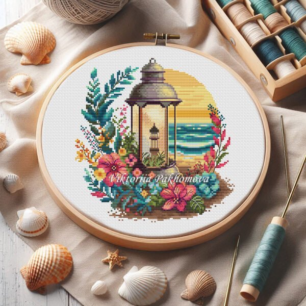 - lantern cross stitch pattern with tropical flowers - tropical lantern cross stitch design with marine landscape - lantern cross stitch embroidery in a hoop - close‑up of floral lantern cross stitch artwork 🌺 Теги / Keywords lantern cross stitch, tropical embroidery pattern, marine landscape cross stitch pdf, summer floral needlepoint, lighthouse embroidery design, printable cross stitch chart, modern tropical embroidery, creative lantern design, artistic summer embroidery, gift for beach lovers Хочеш, наступний літній дизайн оформимо в такому ж преміальному стилі, щоб серія виглядала максимально цілісною?