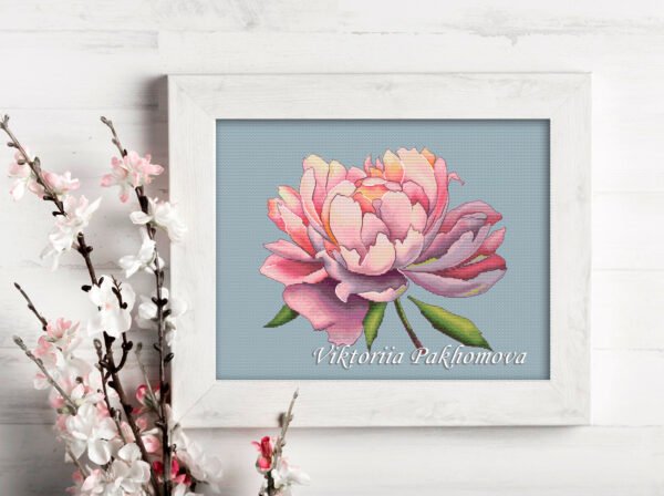 Peony flower cross stitch pattern framed mock up