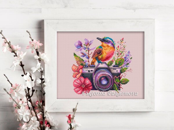 floral camera cross stitch pattern with hummingbird and flowers framed