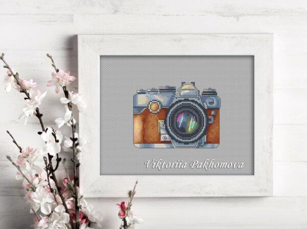 vintage camera cross stitch embroidery framed