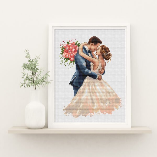 Framed wedding couple cross stitch pattern with personalized names and date, elegant romantic keepsake embroidery design