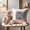 Decorative pillow with book‑loving owl cross stitch design, cozy autumn embroidery in a warm home setting