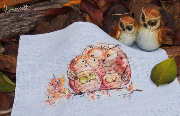 finished embroidery of autumn owls famile cross stitch design