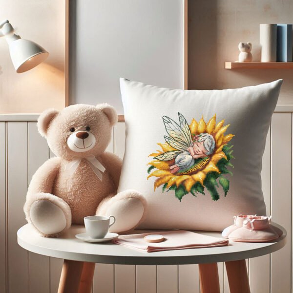 Fairy cross stitch design displayed on decorative pillow for nursery décor and kids room