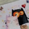 finished cross stitch artwork featuring two cats in love with bright hearts and soft expressive shading