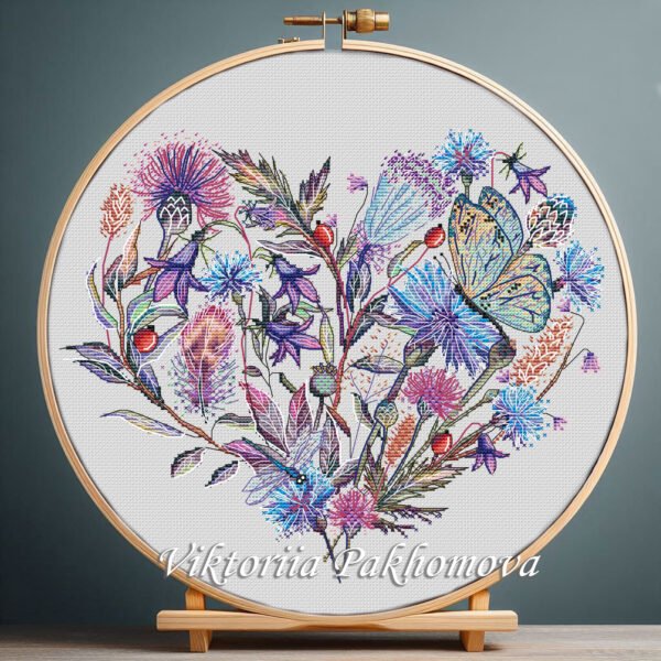 63 Cornflower heart cross stitch pattern with butterflies and dragonfly
