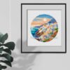 Santorini Greece blue houses cross stitch framed