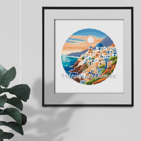 Santorini Greece blue houses cross stitch framed