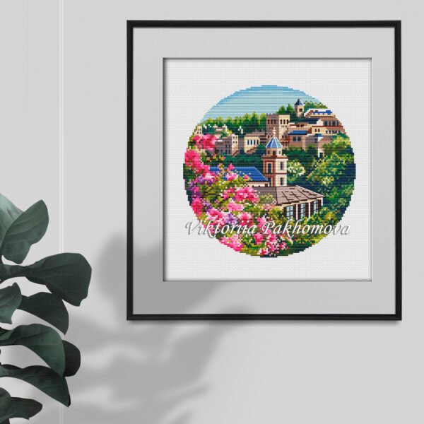 Mediterranean city embroidery design framed