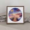65 Framed sunrise marine landscape cross stitch with wooden pier and vibrant sky colors, peaceful coastal embroidery artwork by Viktoriia Pakhomova