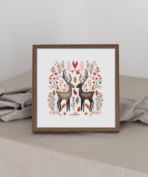 65 Framed Romantic deer cross stitch pattern