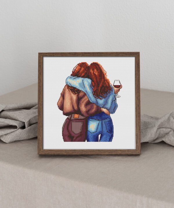 65 Mock up finished embroidery of two girls hugging — female cross stitch artwork