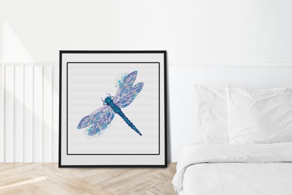 Cornflower dragonfly cross stitch design interior framed