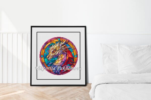 Stained glass dragon cross stitch pattern framed wall art