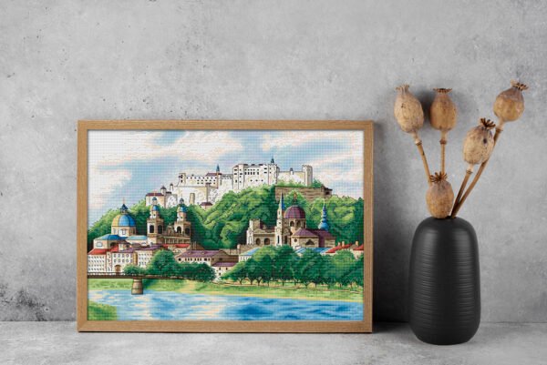 Historic European architecture embroidery framed