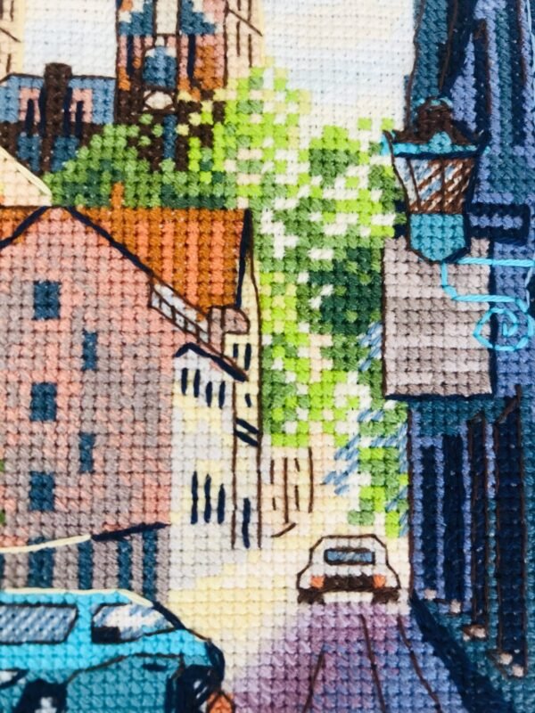 Close‑up of Neuruppin city cross stitch with buildings, flowers, and blue car
