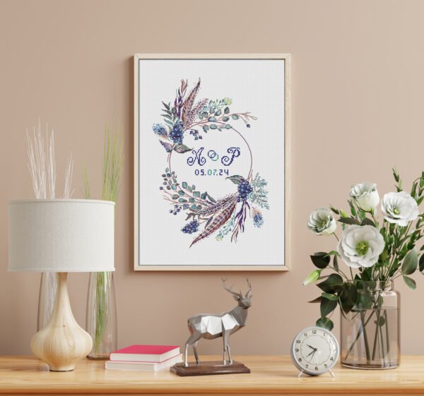 Mock up frame Boho wedding wreath cross stitch pattern with blue florals