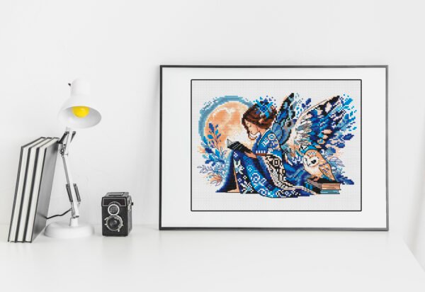 Barn owl and fairy girl cross stitch — magical bookworm embroidery design