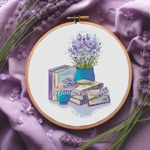 lavender cross stitch pattern with books and tea