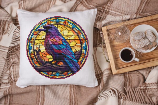 Raven stained glass cross stitch pattern pillow mockup