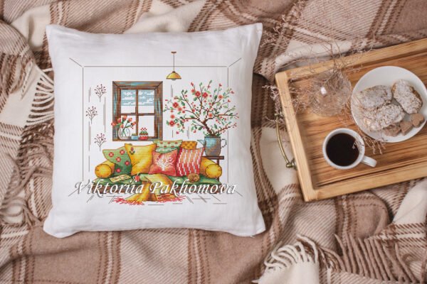 White linen pillow, cushion Mockup on plaid. Inrerior photo Spring Calm Cross Stitch Pattern (PDF)