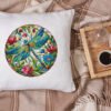 White linen pillow, cushion Mockup on plaid. Inrerior photo Stained glass dragonfly cross stitch design displayed on decorative pillow