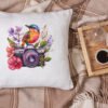 floral camera cross stitch pattern with hummingbird and flowers on decorative pillow case